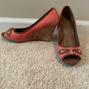 Women’s wedge peep toe heels. Size 8.5 coral, leather, and cork wedges.